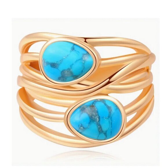 18K Gold-Plated Synthetic Turquoise Ring, Wide Crossed Design, size 7 - Picture 5 of 7